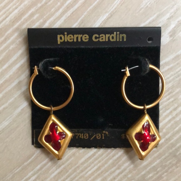 Pierre Cardin gold color hoop earrings with red - Picture 2 of 4